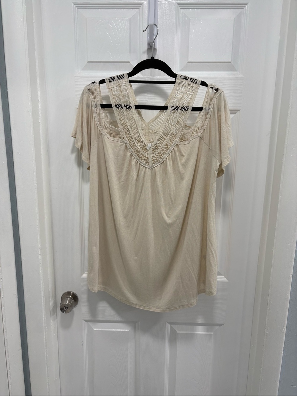 Cream Open-Shoulder Blouse with Crochet V-Yoke